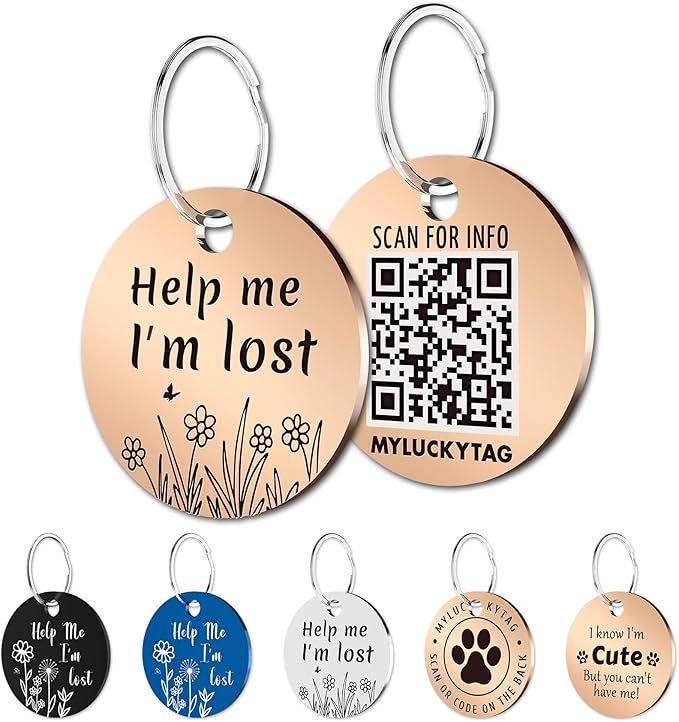 MYLUCKYTAG QR Code Stainless Steel Pet ID Tag - Personalized Online Profile, Location Alert Email, Digital ID, Durable Dog Collar Tag, Engraved