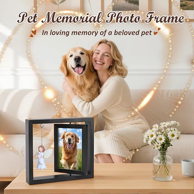 Dog Memorial Gifts for Loss of Dog, Rotating Wooden Picture Frame with Resin Angel Statues for 4x6 Photo, Pet Memorial Gifts for Dog Cat, Pet Loss Sympathy Bereavement Remembrance Keepsake, Black