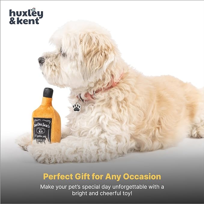 Huxley & Kent Funny Dog Toy w/Squeaker – Power Plush Squeaky Dog Toys for Small Dogs – Durable Small Stuffed Animal for Indoor Play & Fetch - Tiny Tuff Bad Dog Jack's Whiskey