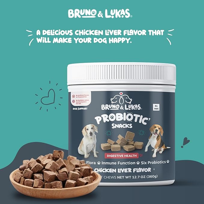 Bruno & Lukas Probiotics Treats for Dogs Support Gut Flora Health Diarrhea Digestive Itchiness Bowel Aid – Dog Supplement for Pet Immune System – Tasty Alternative Chicken Liver Flavor (90 Chews).