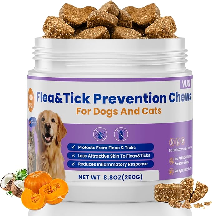 VUN Flea and Tick Prevention for Dogs,Natural Oral Flea Tick chewable for Dog,Relieve Itching, Scratching & Biting,Cats Flea Tick Chews Supplement with Colostrum,Vitamin-for Small Large Dog,100 Counts