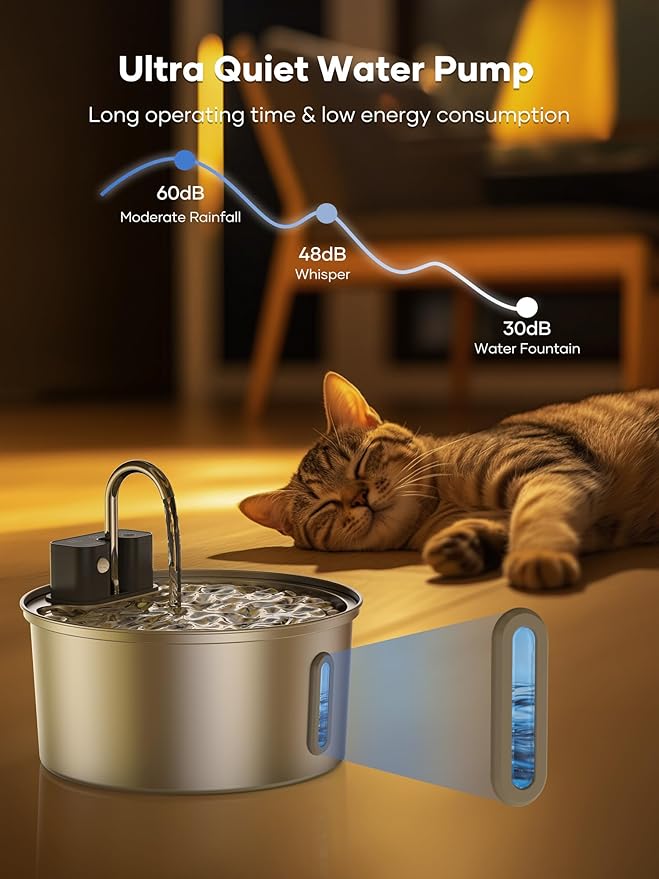 Wireless Cat Water Fountain 10Pcs Filters - 108oz/3.2L Automatic Cat Water Fountain Cordless, Stainless Steel Battery Operated Pet Fountain Rechargeable Water Dispenser for Cats, Dogs, Multiple Pets