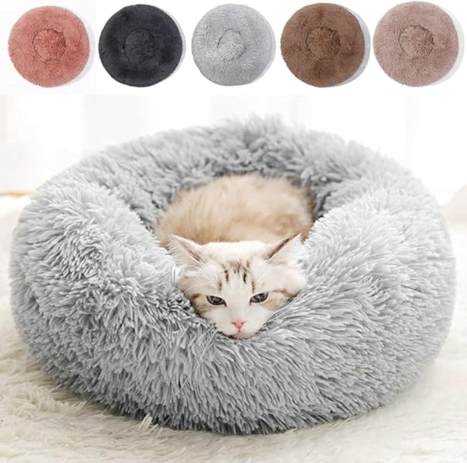 Cat Beds for Indoor Cats - Cat Bed Washable 20/24 inches, Dog Beds for Small Medium Dogs, Anti Anxiety Round Fluffy Plush Faux Fur Cat Bed, Thick Bottom (Light Grey, Medium)