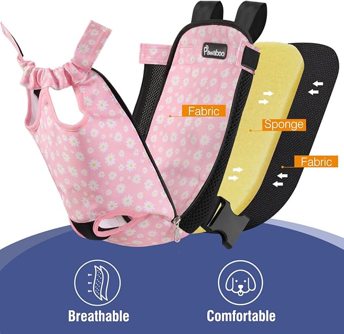 Pawaboo Pet Carrier Backpack, Adjustable Pet Front Cat Dog Carrier Backpack Travel Bag, Legs Out, Easy-Fit for Traveling Hiking Camping for Small Medium Dogs, Medium Size, Black + Pink Daisy