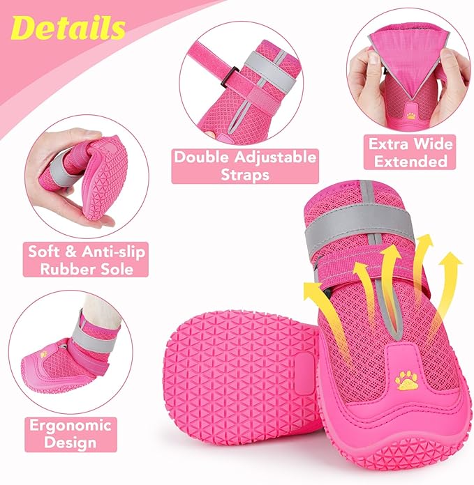 LUCKYPAW Dog Shoes for Large Medium Dogs, Breathable Dog Boots for Hot Pavement, Paw Protectors for Summer Walking Hiking Winter Snow Outdoor, No Slip Reflective Booties for Hardwood Floor-Hot Pink, 7