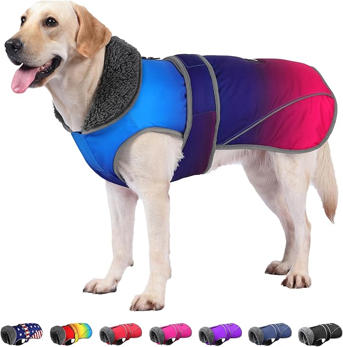 Dogcheer Dog Coat, Christmas Dog Jacket Waterproof Pet Winter Coat for Cold Weather, Reflective Adjustable Puppy Snow Jacket Fleece Sweater for Small Medium Large Dogs - Gradient Blue-red, L