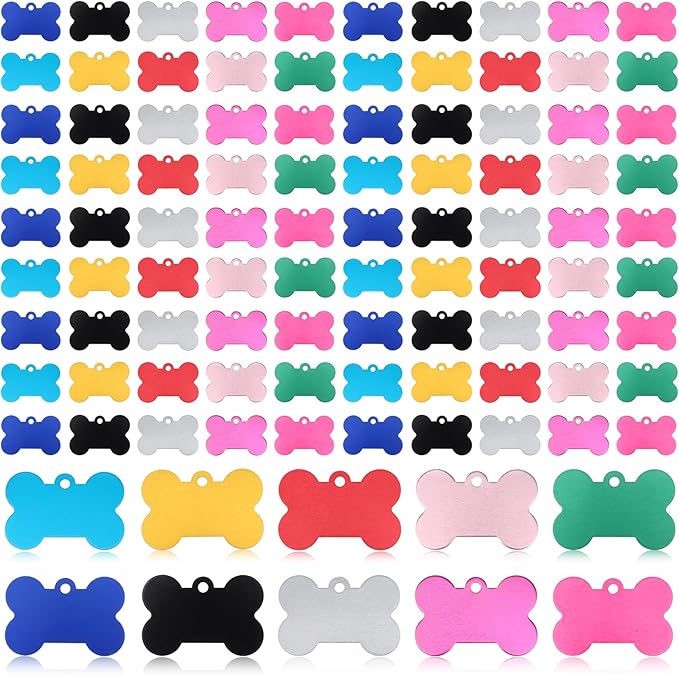 100 Pcs Blank Dog Tags for Engraving 38mm Pet ID Tags Aluminum Bone Shape Name Tag Colorful Double Stamping Dog Cat Phone Number Tag Collar Pendants with Hole