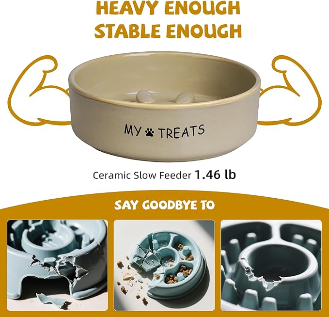 Slow Feeder Dog Bowls, Ceramic Dog Puzzle Feeder, Dogs Dishes for Small & Medium Dogs, White Puppy Slow Eating Bowl, Puppy Food Bowl(Paw Print)