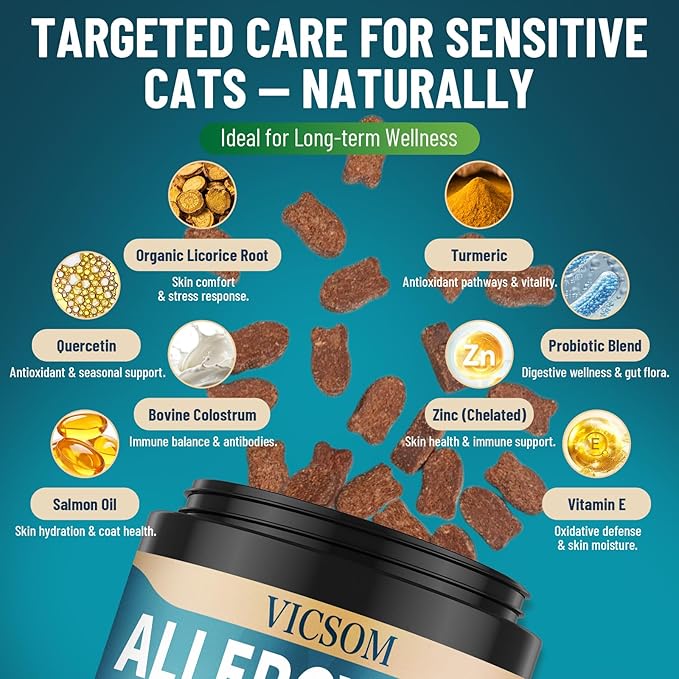 200 Natural Cat Allergy Relief Chews, Cat Itchy Skin Allergy Relief & Immune Support Chews for Seasonal Allergies Cats, Itch Relief for Cats Paws, Eyes, Ears, Stop Licking & Scratching, Chicken Flavor