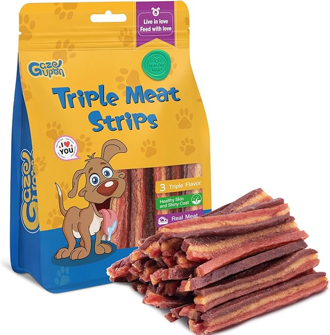 gazeupon Dog Jerky Treats,Triple Flavored Meat Strips for Dogs,Healthy Training Treats for Dogs,Made with Real Chicken,Duck,Beef,14.1 oz