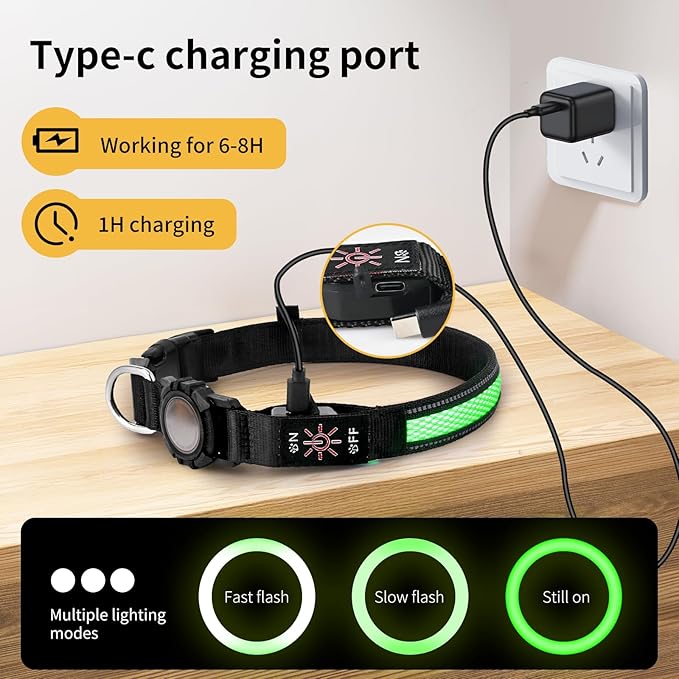 AirTag Dog Collar with QR Code & LED Light, IP68 Waterproof Rechargeable LED Pet Collar with Reflective Strips, Durable Airtag Holder for Medium/Large Dogs, DIY Pet Information(Green, M(16-20 in))