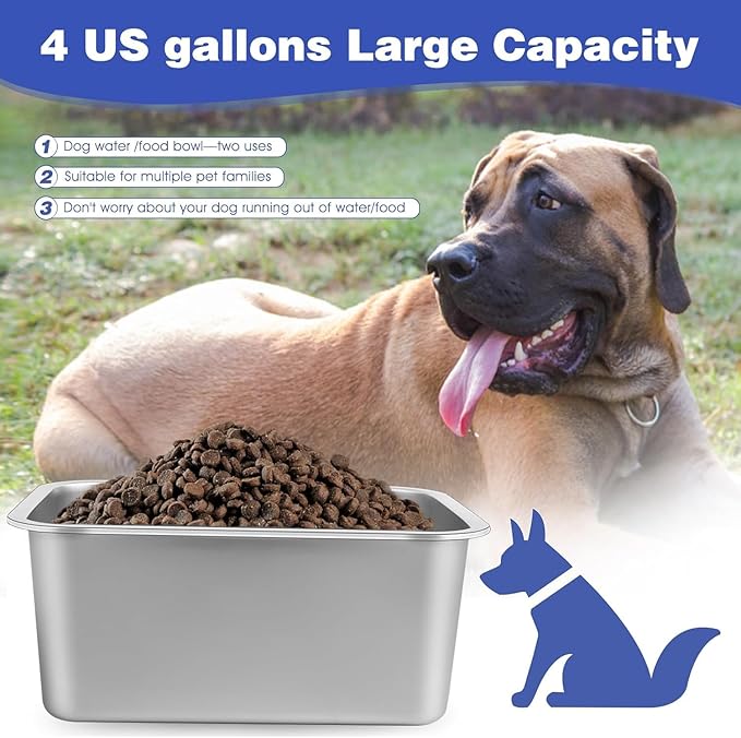 4 Gallons Large Dog Water Bowl, 2PCS Stainless Steel Metal Dog Bowls, Large Capacity Pet Food Bowl Water Dish for Indoor and Outdoor Universal for Giant Dogs 15.7x11.8x6 Inch