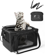 PETUX Small Cat Carrier - Pet Carrier Airline Approved for Kitten Under 10 lb - Escape-Proof, Foldable & Portable Cat Carriers for Travel, Vet Visits with Removable Bag, Safety Buckle ＆ Leash - Black