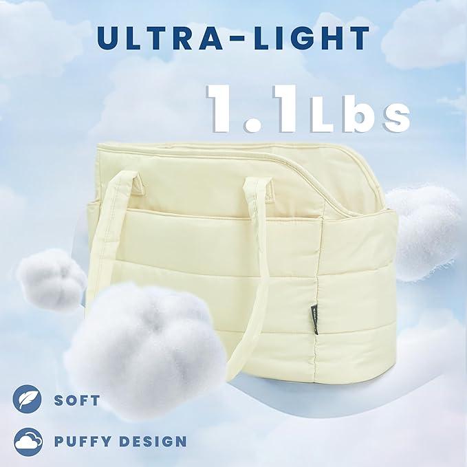 Lightweight Dog Purse Carrier for Small Dogs Under 15 lbs, Puffy Quilted Pet Carrier Tote for Puppies with Safety Leash Clip, Women's Hands-Free Dog Carrier Bag for Travel/Shopping (Beige)