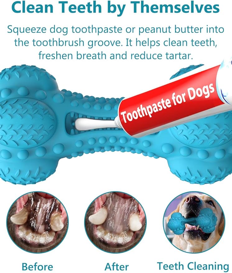 SCHITEC Squeaky Dog Chew Toy, Tough Durable Natural Rubber Bone with Toothbrush, Indestructible for Aggressive Chewers Large Medium Breed Teeth Cleaning