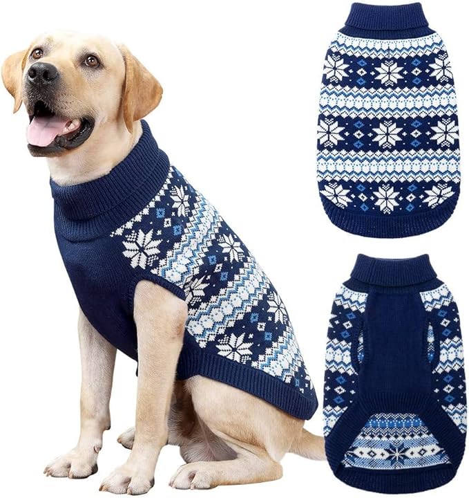 KOOLTAIL Cable Knit Dog Sweater Turtleneck, Cold Weather Pullover Classic Knitwear, Snowflake Pattern Thick Warm Winter Pet Clothes, Dog Christmas Sweater for Small Medium Large Dogs Cats,Navy Blue ML