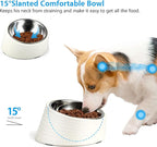 Tilted Slanted Dog Bowl 1 Cup, 15° Tilted Stainless Steel Dog Cat Food Bowl, Non-Slip & Non-Spill Pet Feeder with Elevated Detachable Melamine Stand, Easy to Get Food Dish, Medium White