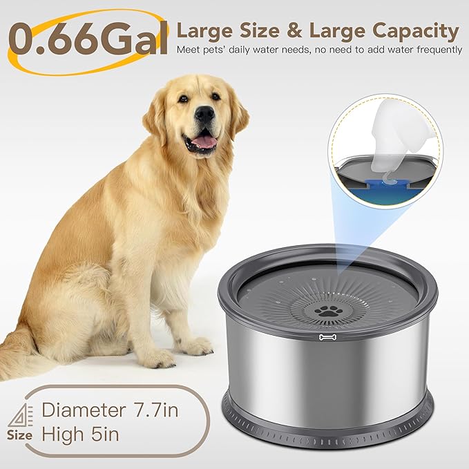 2.5L/0.6Gal Dog Water Bowl, No Spill Stainless Steel Slow Water Bowl for Medium Large Dogs, Large Capacity Splash Proof Dog Slow Water Feeder with Anti-Slip Mat for Mess Drinkers