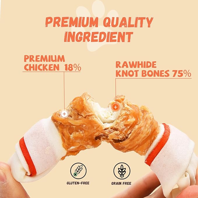 Dog Treats Large Breed, Chicken Wrapped Rawhide Bones 6.5'', Large Size Long Lasting Dog Chews with Taurine, Teeth Cleaning Training Treats Snacks for Medium Large Dogs, 4 Counts, 10.6 oz