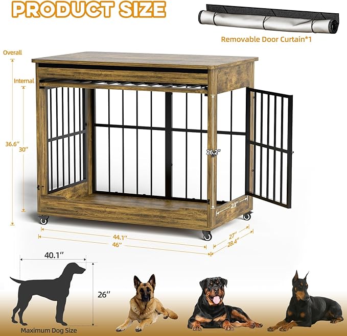 46" Large Dog Crate Furniture, Double Door Wooden Indoor Dog Kennel Furniture, Decorative Pet Cage End Table with Wheels for Extra Large Breed Dogs, Size 2XL, Rustic Brown