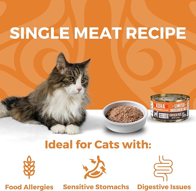 KOHA Limited Ingredient Diet Chicken Pate for Cats - Single Meat Wet Cat Food for Sensitive Stomachs - Pate Cat Food with No Fillers - 3oz Pack of 24
