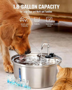 Dog Water Fountain Stainless Steel, 7L/1.8Gal Pet Fountain Water Bowl with Multi-Filtration & Deeper Drinking Aera, Large cat Water Fountain with Water Window & LED, Ultra-Quiet