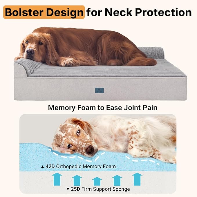 Veehoo Orthopedic Dog Bed for Large Senior Dogs, 7 Inch Thick XL Memory Foam Dog Bed with L Shaped Bolsters, Orthopedic Pet Couch with Waterproof Liner & Removable Washable Cover, 48"x30"x7"