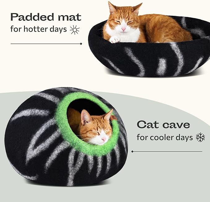 MEOWFIA Cat Cave – Premium Felt Cat Bed for Indoor Cats, Handmade 100% Merino Wool (Vivid Shades) (Large, Shining Tiger)