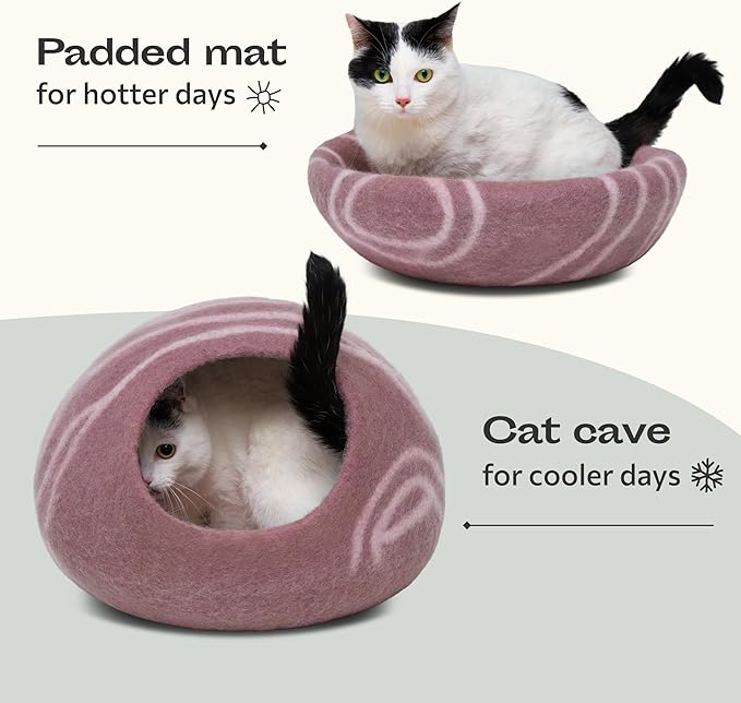 MEOWFIA Cat Cave – Premium Felt Cat Bed for Indoor Cats, Handmade 100% Merino Wool (Light Shades) (Medium, Pink)