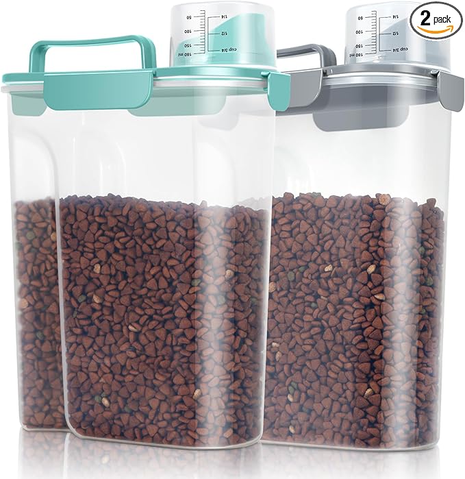 TBMax Pet Dog Cat Food Storage Containers 2 Pack 10 to 14 Lbs, Airtight Cat Food Dispenser with Large Spout & Portable Handle, Travel Dog Treat Storage Bin Bird Seed Container-Cyan+Dark