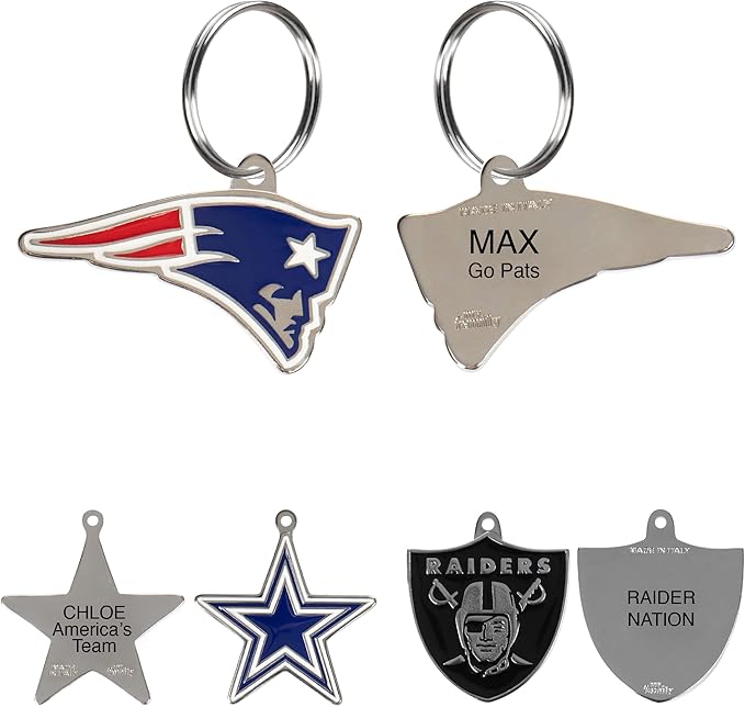 NFL New England Patriots Engraving Pet ID in 32 Team Logo Shapes - Personalized Dog and Cat Tags With 3 Lines of Customizable Text for Tracking & Safety - Stainless Steel