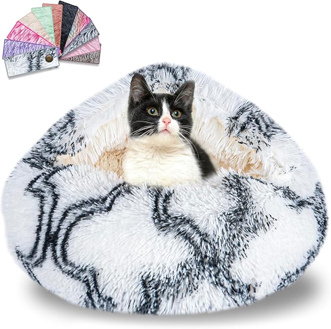 Calming Dog Beds & Cat Cave Bed with Hooded Cover,Washable Round Beds for Small Medium Pets,Anti-Slip Faux Fur Fluffy Coved Bed,Comfortable Warming Pet Bed (20 * 20inch,Black and White)