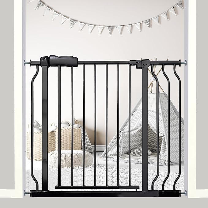 34-38.5 Inch Walk Through Baby & Dog Gate, No Drill Pressure Mounted, Expandable Safety Gate for Kitchen & Living Room, Black Metal with Extension Kit
