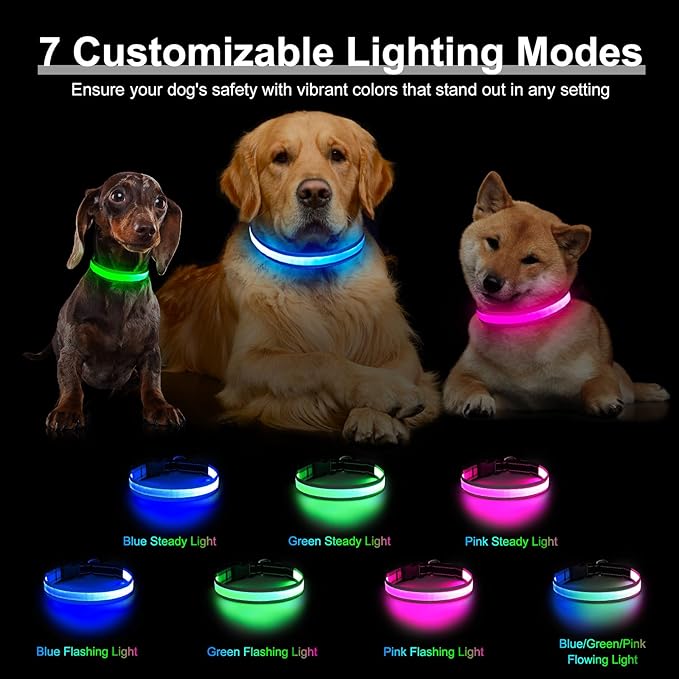 Light Up Dog Collar, Multicolor LED Dog Collar with 7 Modes, USB-C Rechargeable Reflective Glow Collar, Waterproof & Adjustable Design with Battery Indicator for Safe Night Walks(Large)