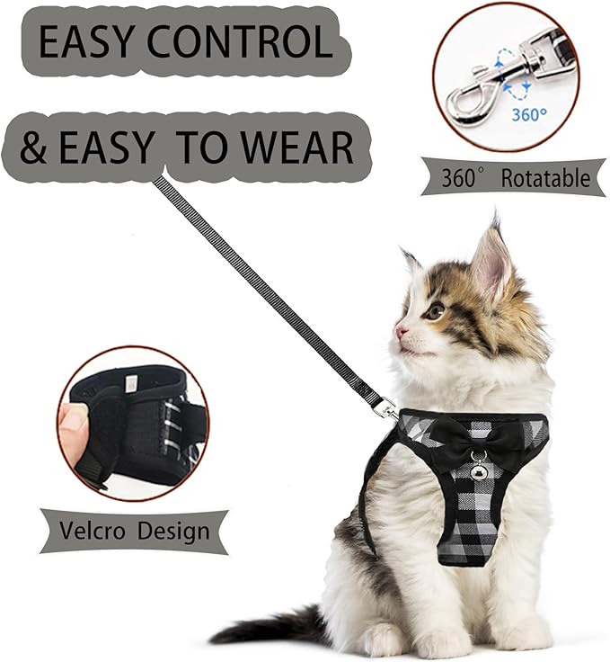 Cat Leashes and Harnesses for Walking,Breathable Soft Kittens Vest for Cats Dogs, Kitten Harness Escape Proof with Bell and Bow-Knot Decoration Christmas(S, Black-White)