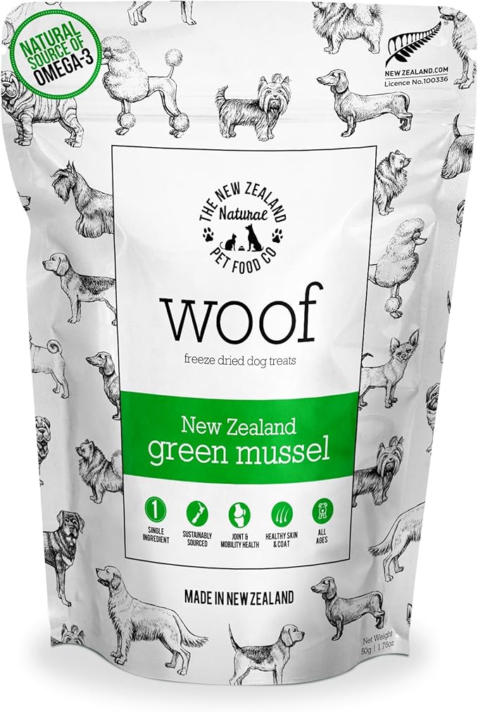 WOOF Freeze Dried Dog Treats - High Protein, Small & Large Dog, Natural, Topper, Treat, Green Mussels - 1.76 oz
