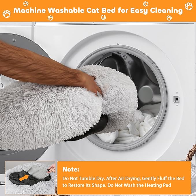 Heated Cat Bed for Indoor Cats - Fluffy 23 Inch Donut Pet Bed with Removable Heating Pad for Cats & Small Dogs, Ideal for Year Round Comfort