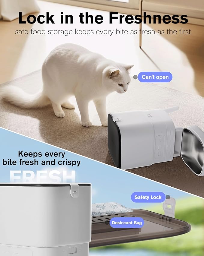 Automatic cat Feeder and Water Fountain,4L WiFi Dry Auto Pet Food and 2.2L Water Dispenser Set,Small Timed Self Feed Smart APP Feeding Stainless Steel Bowl(White)