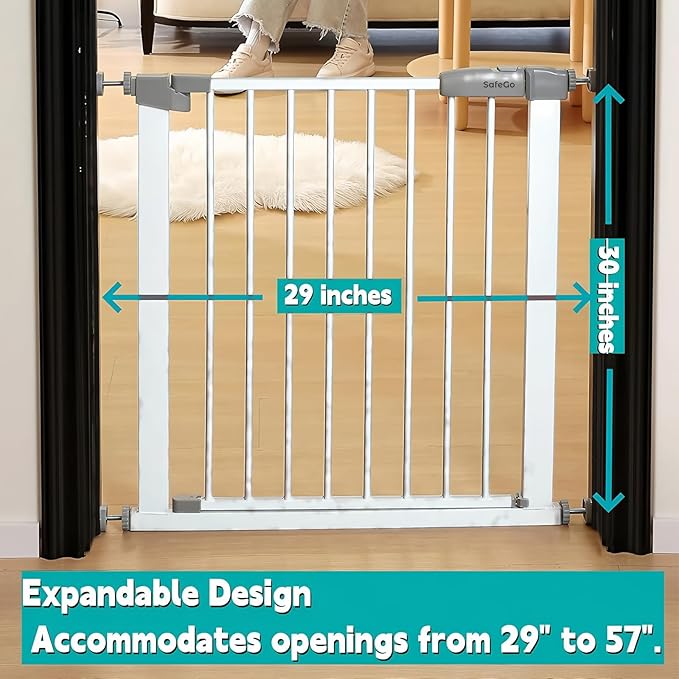29"-57" Baby and Pet Safety Gate, 30" Tall Metal Walk-Thru Gate for Doorways & Stairs, Easy One-Hand Open, Dual Lock (White, 29" W x 30.5“H)