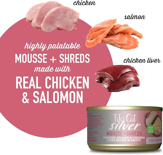 Tiki Cat Silver Comfort Mousse + Shreds, Chicken, Salmon & Chicken Liver Recipe, Immune System Support Formulated for Older Cats Aged 11+, Senior Wet Cat Food, 2.4 oz Cans (Pack of 12)