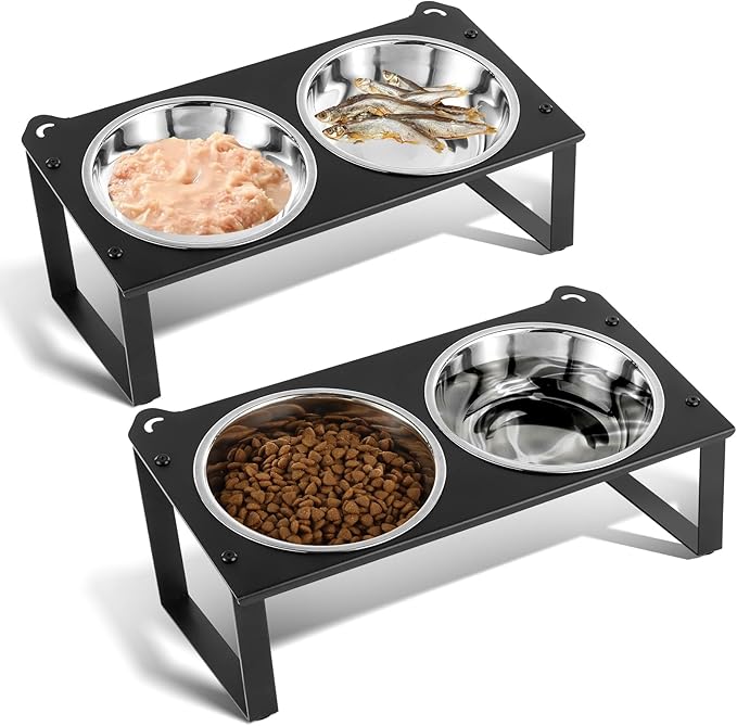 2 Set Elevated Cat Food Water Bowls, 4 Stainless Steel Bowls for Indoor Pet with Cute Metal Stand, 10° Tilted Anti-Vomiting Wide Shallow Raised Cat Dishes Whisker Friendly for Multiple Kitten,Puppy
