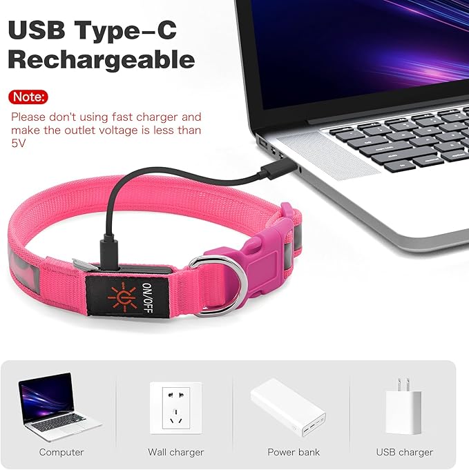 Flashseen Light Up Dog Collars, Adjustable LED Dog Collar Rechargeable, Glow in The Dark Dog Collars Super Bright Glow Collars for Night Walking for Dogs (Pink, Small)