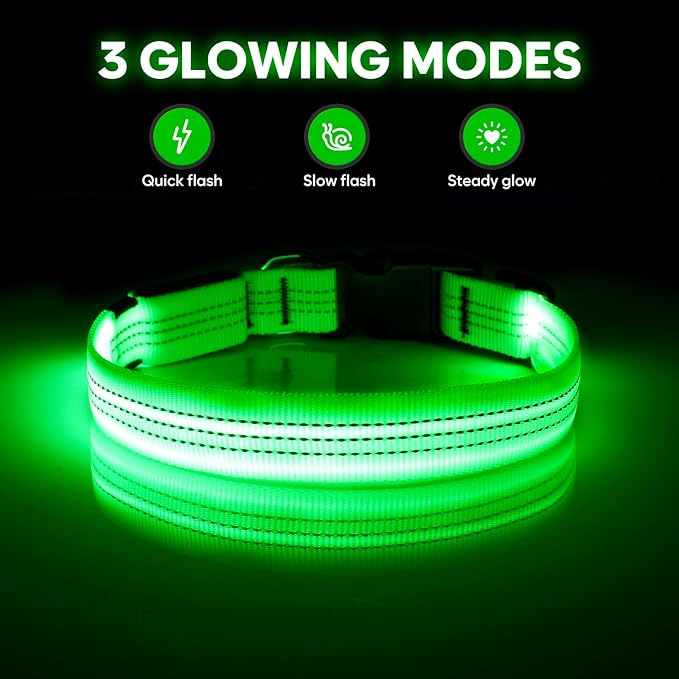 Illumifun Light Up Dog Collar, USB Rechargeable LED Dog Collar, Reflective Flash Pet Lighted Collar for Nighttime Walking (GreenⅢ, Large)