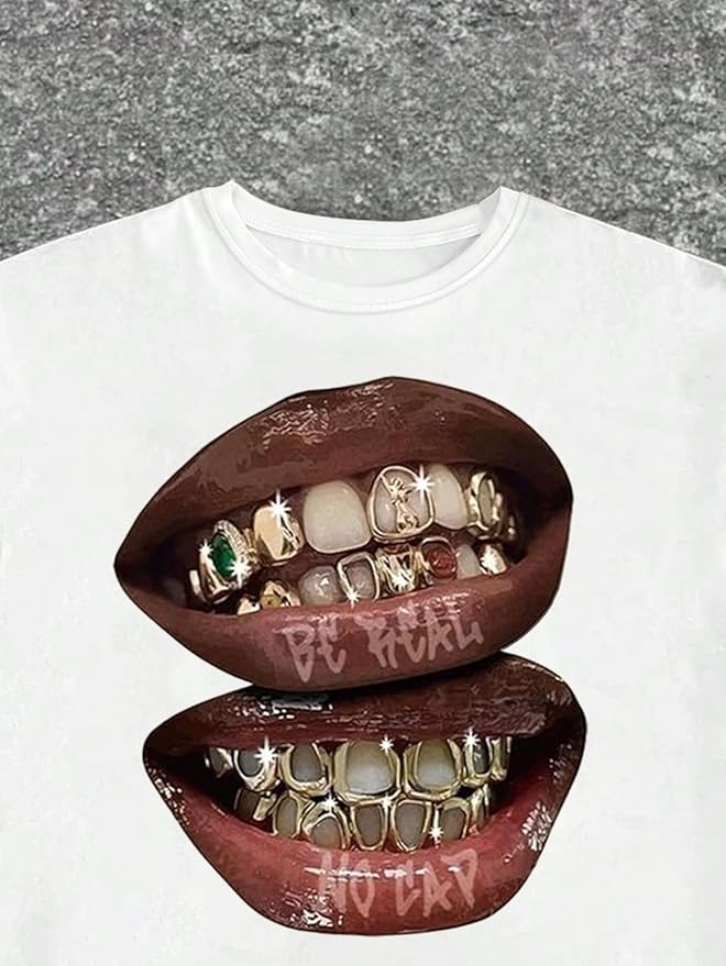 Verdusa Women's Lips Print Graphic Tees Y2k T Shirts Summer Crew Neck Vintage Going Out Tops