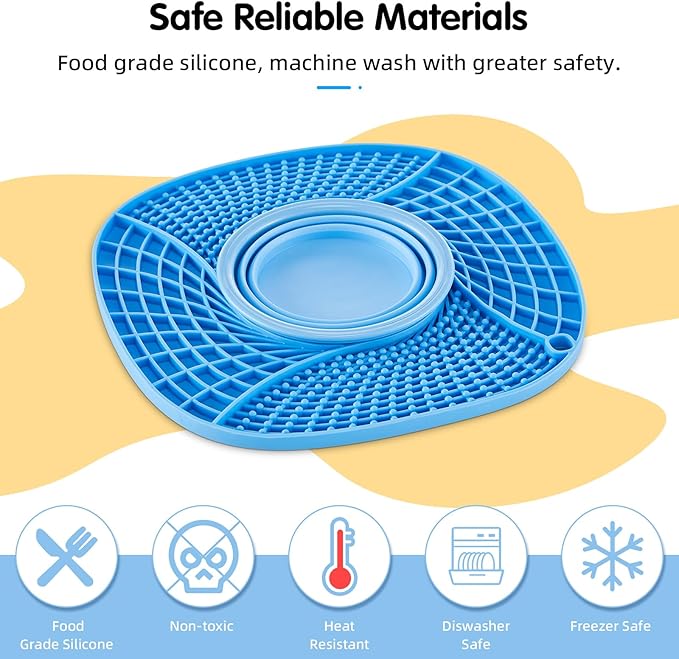 Lick Mat for Small Dogs and Cats with Suction Cups, Silicone Slow Feeder Lick Pad with Collapsible Bowl for Anxiety Relief, Pet Puzzle Treat Mat for Bathing Grooming Trimming (Blue)