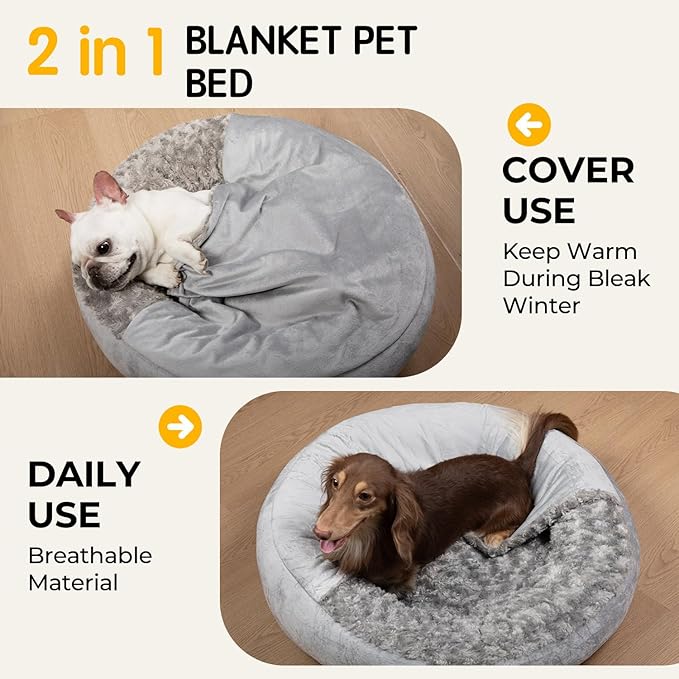 Cave Dog Bed with Blanket Donut Round Plush Cozy Cat Pet Bed for Puppy Machine Washable Removable Cover Cat Anti-Slip Bottom Gray 26X26X8 inch