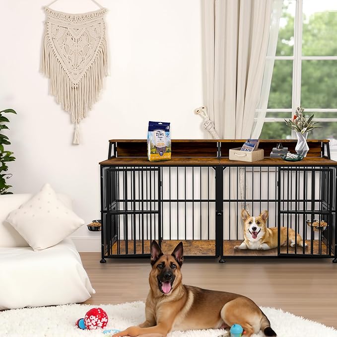 XXL Dog Crate Furniture for 2 Dogs, Extra Large Double Dog Cage Large Breed, Thick Wooden Dog Crate with Storage Rack, 72 Inch Double Dogs House Sturdy Dog Kennel with Removable Divider