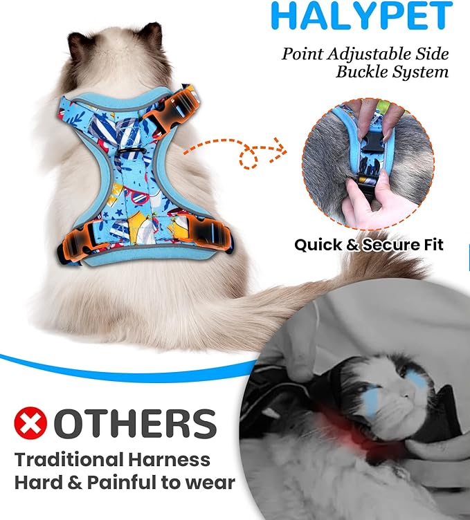 Halypet Cat Harness and Leash Set for Walking, Escape Proof Adjustable Vest Harness with 3-in-1 Integrated Buckles, Easy Control Soft Breathable Mesh with Reflective Strips for Cats, M,Azure Blue
