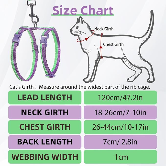 PUPTECK Adjustable Cat Harness and Leash Set Escape Proof Kitten Strap Collar for Walking Travel, Purple Green