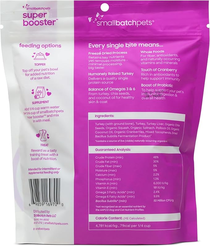 Smallbatch Freeze Dried Dog Treats, Superfood Food Topper Turkey Bites for Dogs & Cats, Probiotics, Organic Ingredients, High Protein, Grain Free Healthy Treat & Food Topper, Made in the USA, 7 oz Bag